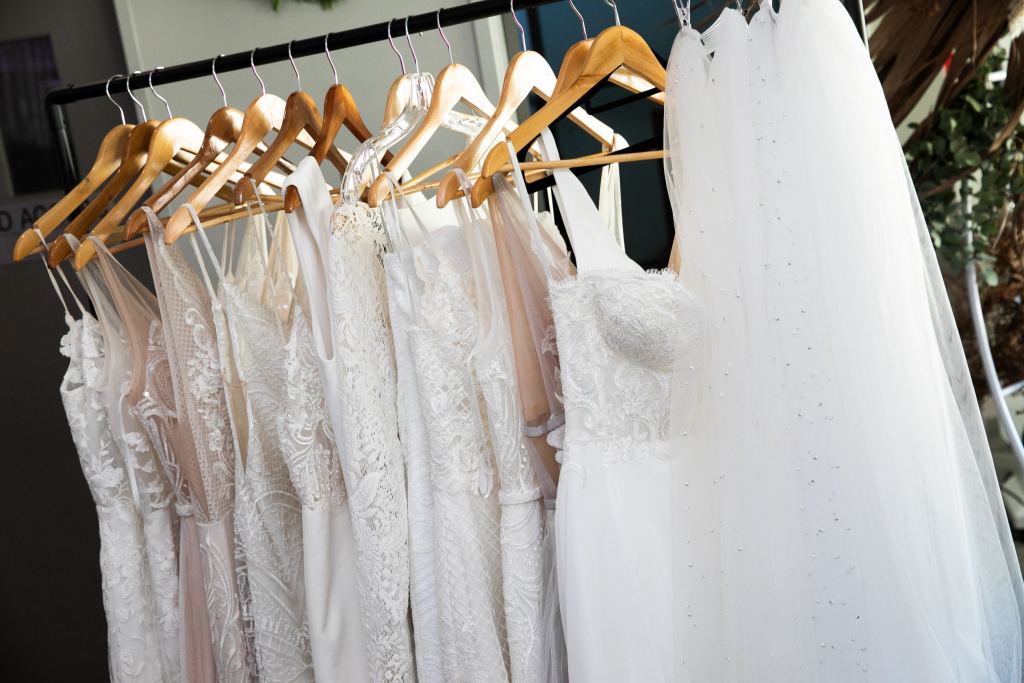 Wedding dresses hanging on a rack